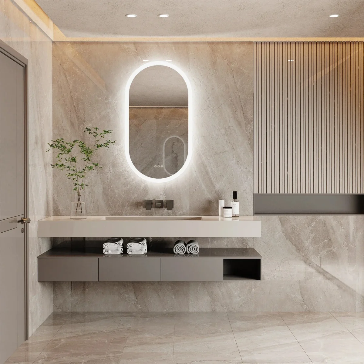 LED mirror illuminating a modern bathroom