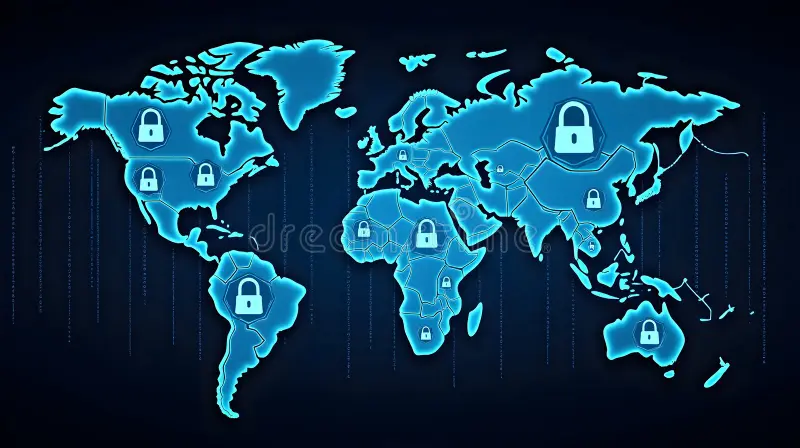 Map of southern europe overlayed with digital routing security nodes