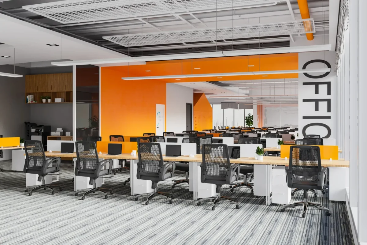 Modern, open-plan commercial office interior layout with ergonomic workstations and natural lighting at Lake Merritt Plaza in Oakland.